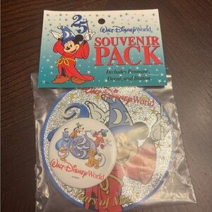 Vintage Walt Disney World 25 years of Magic Souvenir Pack - Decal and Button NEW